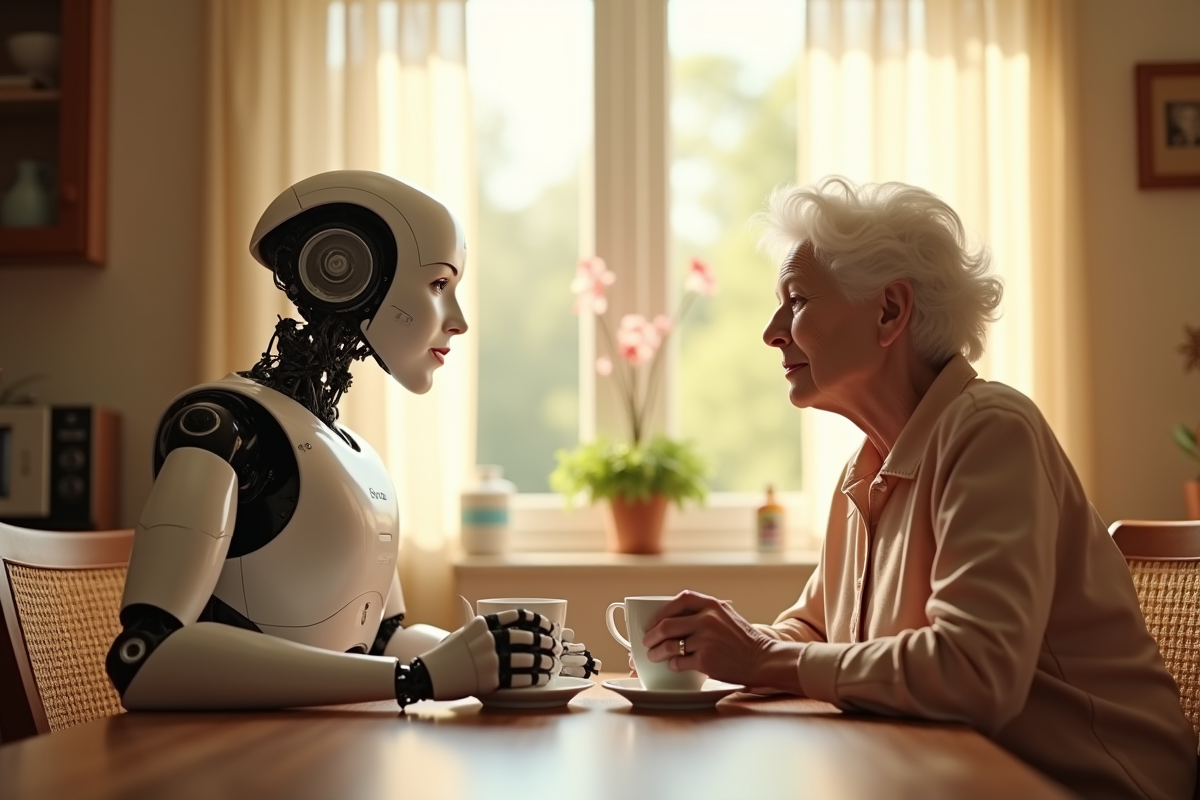 Robot et personne agee discutant autour d un cafe