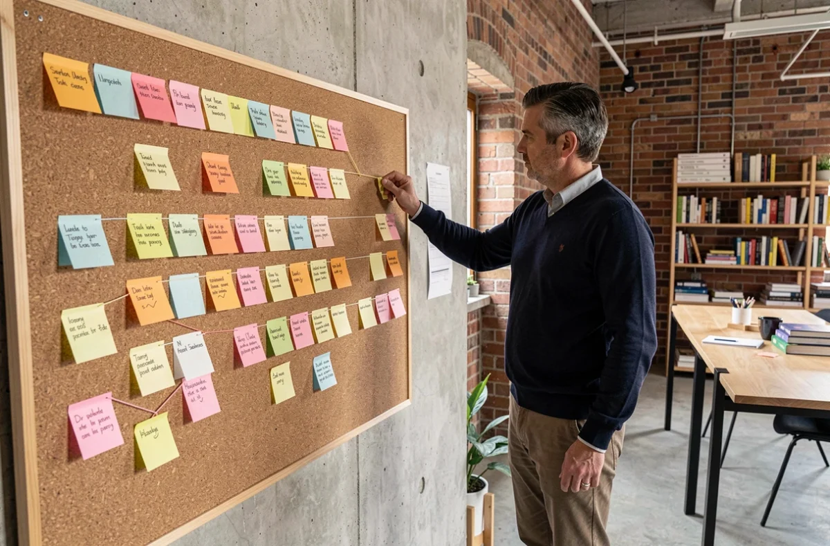 Romancier debout devant un tableau de liège organisé avec des fiches colorées représentant la structure narrative scène par scène