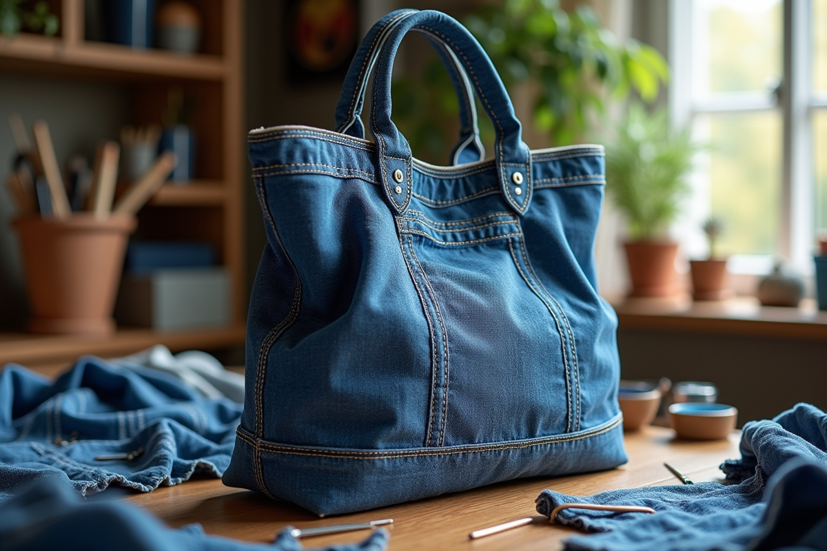 Sac en denim recyclé sur une table en bois avec outils de couture