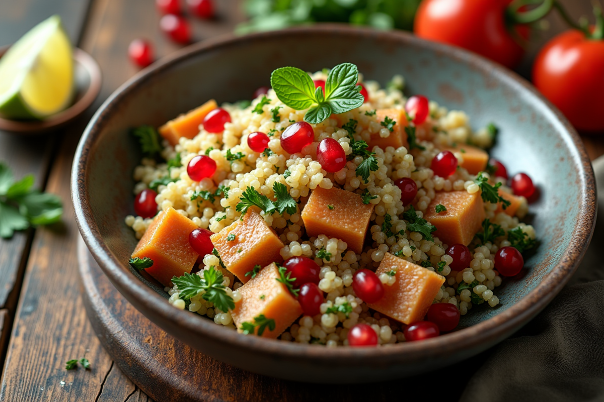 Salade de quinoa colorée avec herbes et grenade