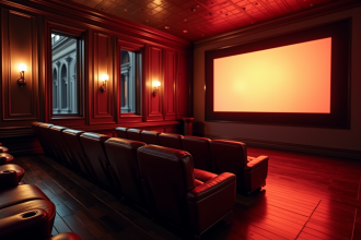 Salon cinéma cosy avec fauteuils en cuir et grand écran