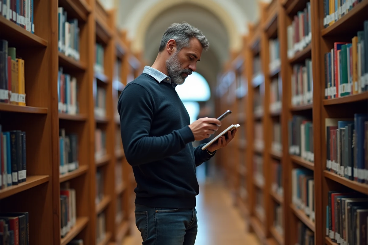 Homme scannant un livre dans une bibliothèque publique pour cataloguer ses lectures avec une application mobile