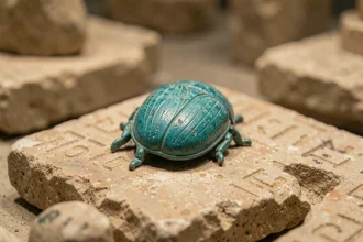 Amulette scarabée égyptien en faïence turquoise ancienne posée sur une dalle de calcaire avec hiéroglyphes