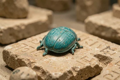 Amulette scarabée égyptien en faïence turquoise ancienne posée sur une dalle de calcaire avec hiéroglyphes