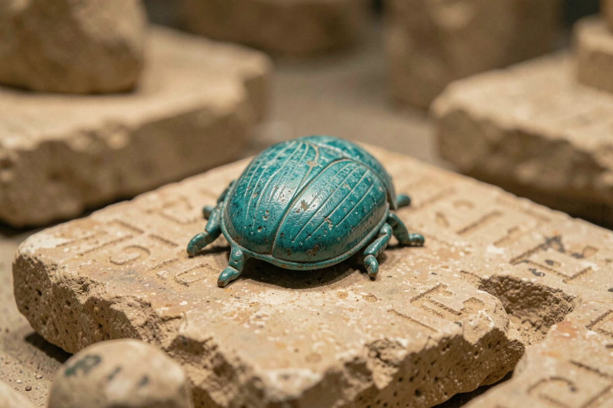 Amulette scarabée égyptien en faïence turquoise ancienne posée sur une dalle de calcaire avec hiéroglyphes