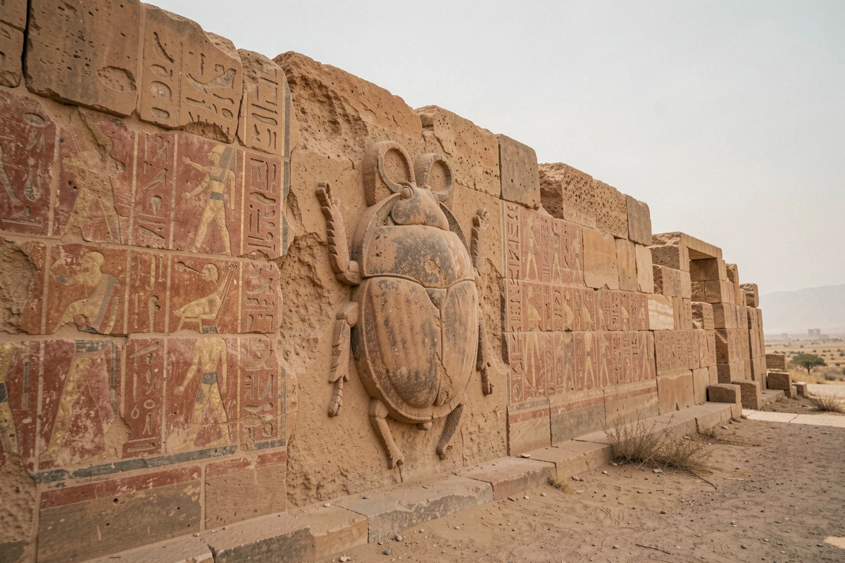 Sculpture de scarabée égyptien gravée dans un mur de temple en grès ancien avec hiéroglyphes et désert en arrière-plan