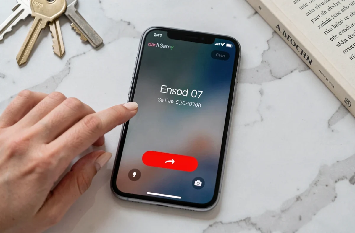 Gros plan d'un smartphone affichant un appel entrant d'un numéro indésirable avec doigt prêt à refuser