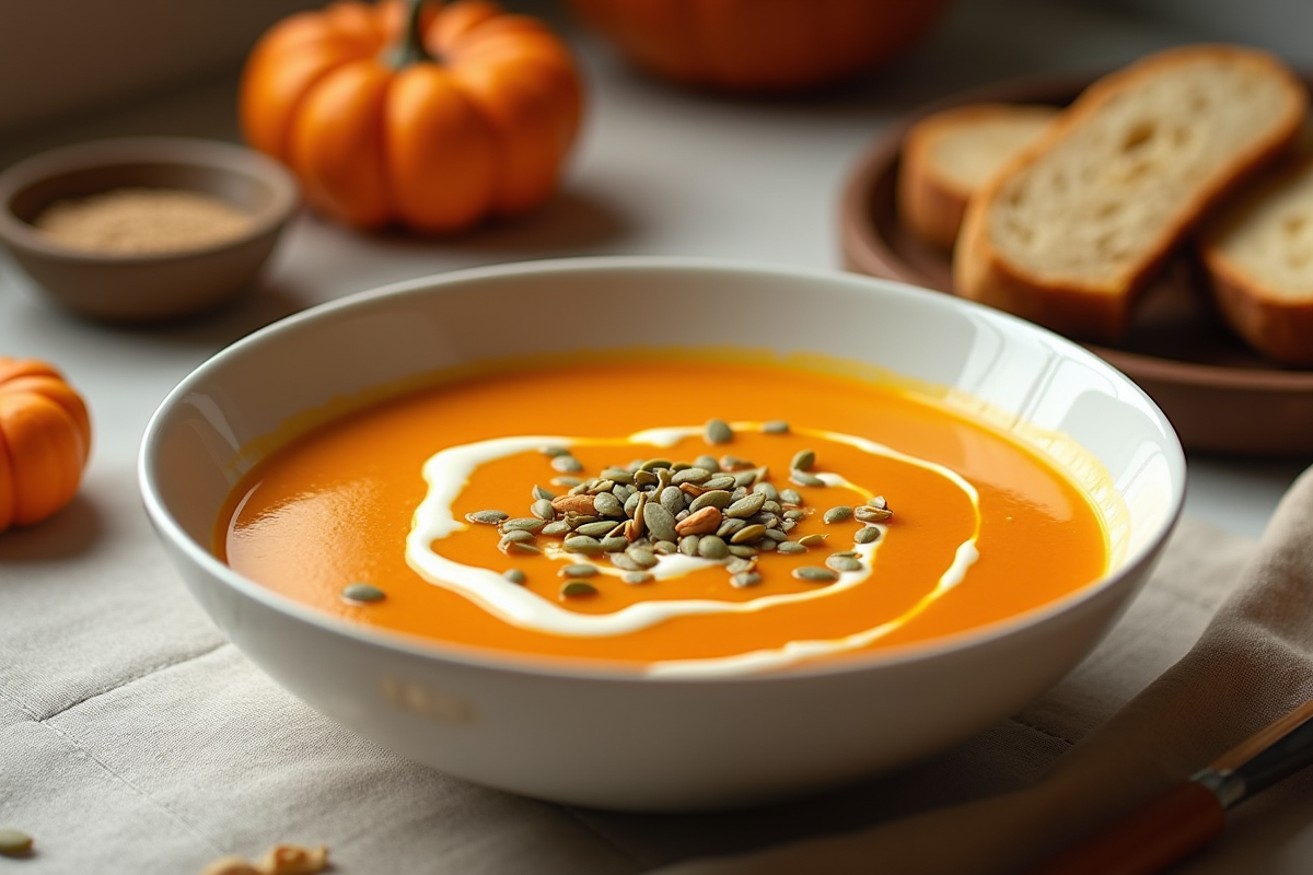 Soupe de potiron servie dans un bol blanc avec garniture