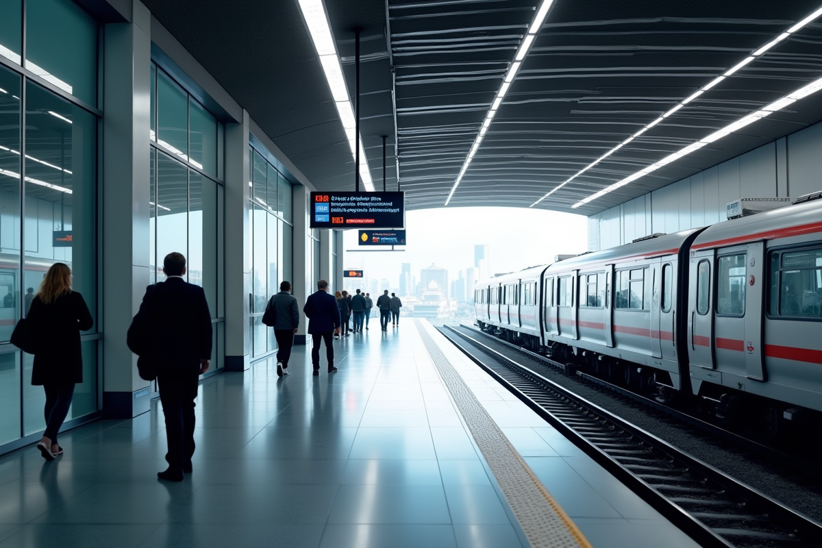 Station de metro propre avec train arrivant et passagers
