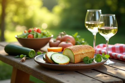 Table en bois rustique avec plat de zucchini et fromage de chèvre