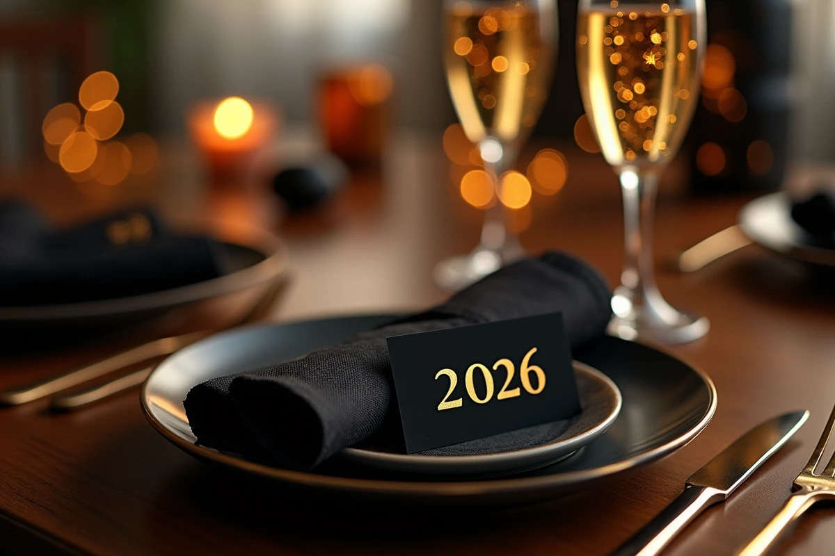 Table de fête Nouvel An 2026 avec flûtes de champagne et décoration noir et or élégante