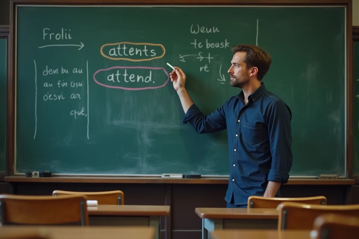 Enseignant écrivant au tableau la conjugaison du verbe attendre pour expliquer la différence entre attends et attend