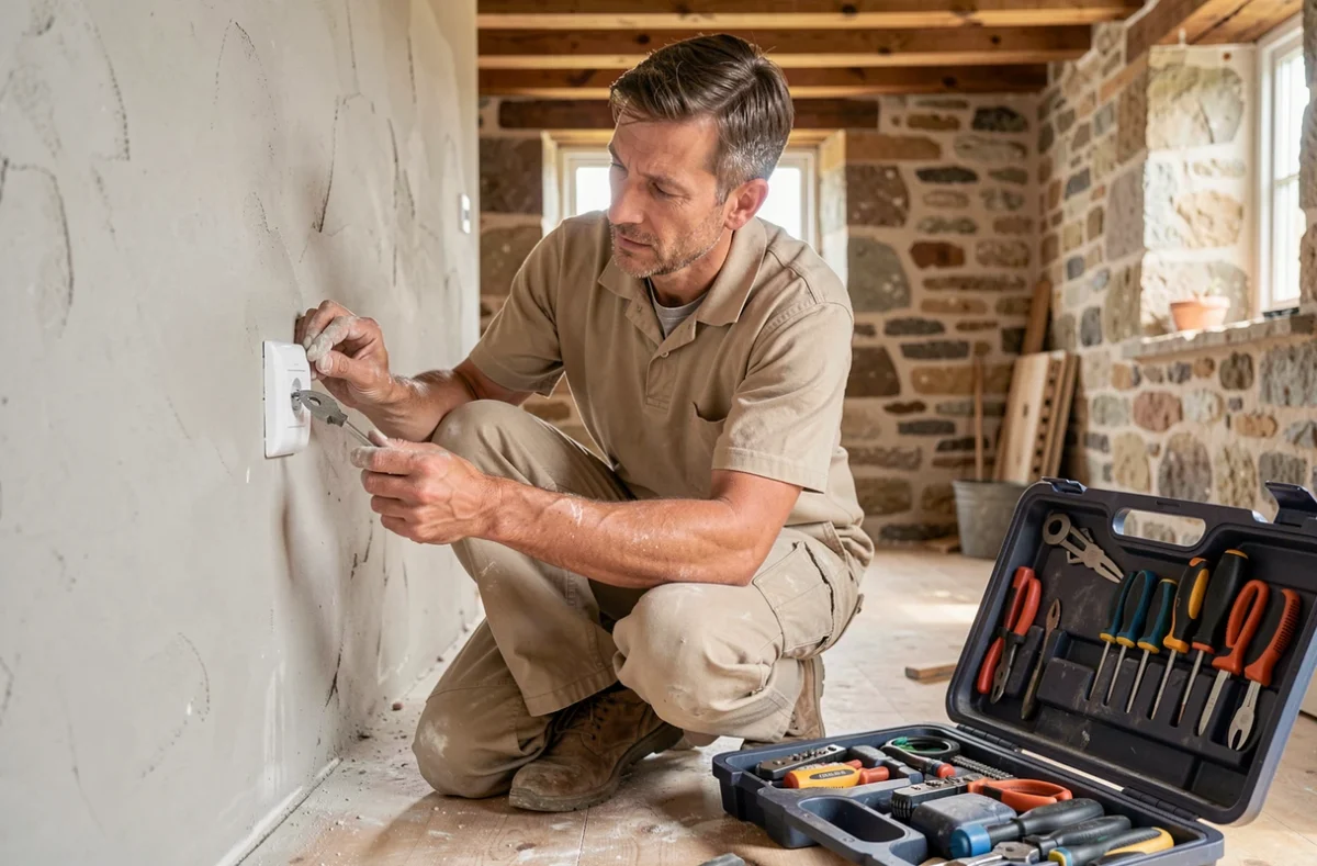 Électricien de Talbot Électricité installant une prise murale dans une maison rénovée en Bretagne