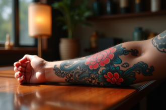 Bras tatoué japonais avec motifs traditionnels colorés