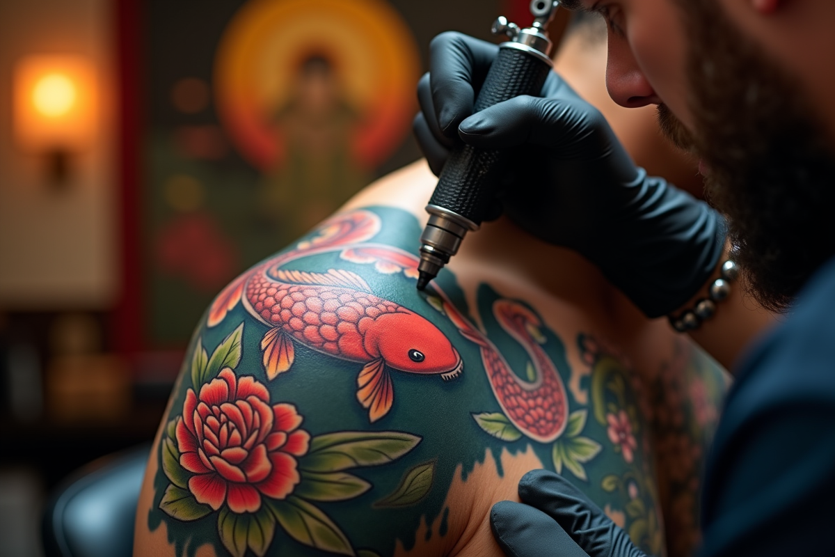 Tatoueur en action avec un koi et pivoines fraîchement tatoués