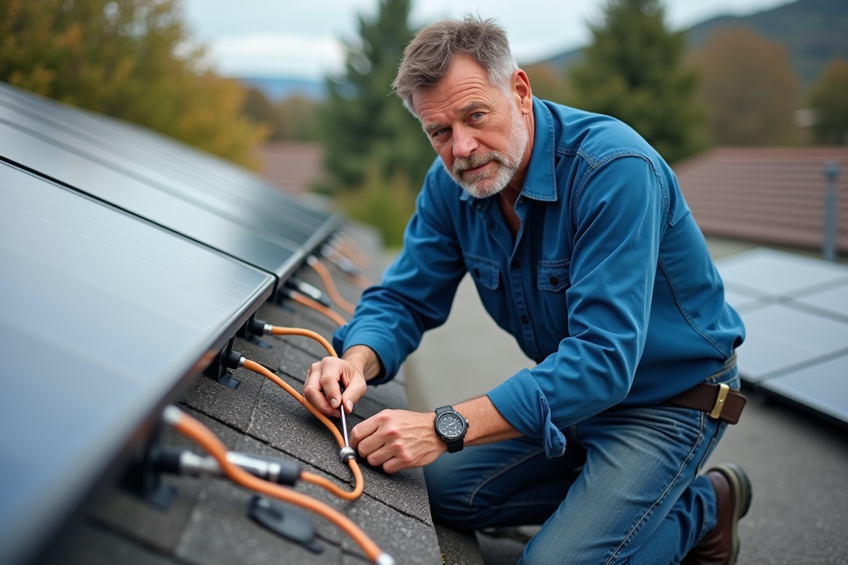 Technicien en bleu connectant câbles solaires sur toit moderne