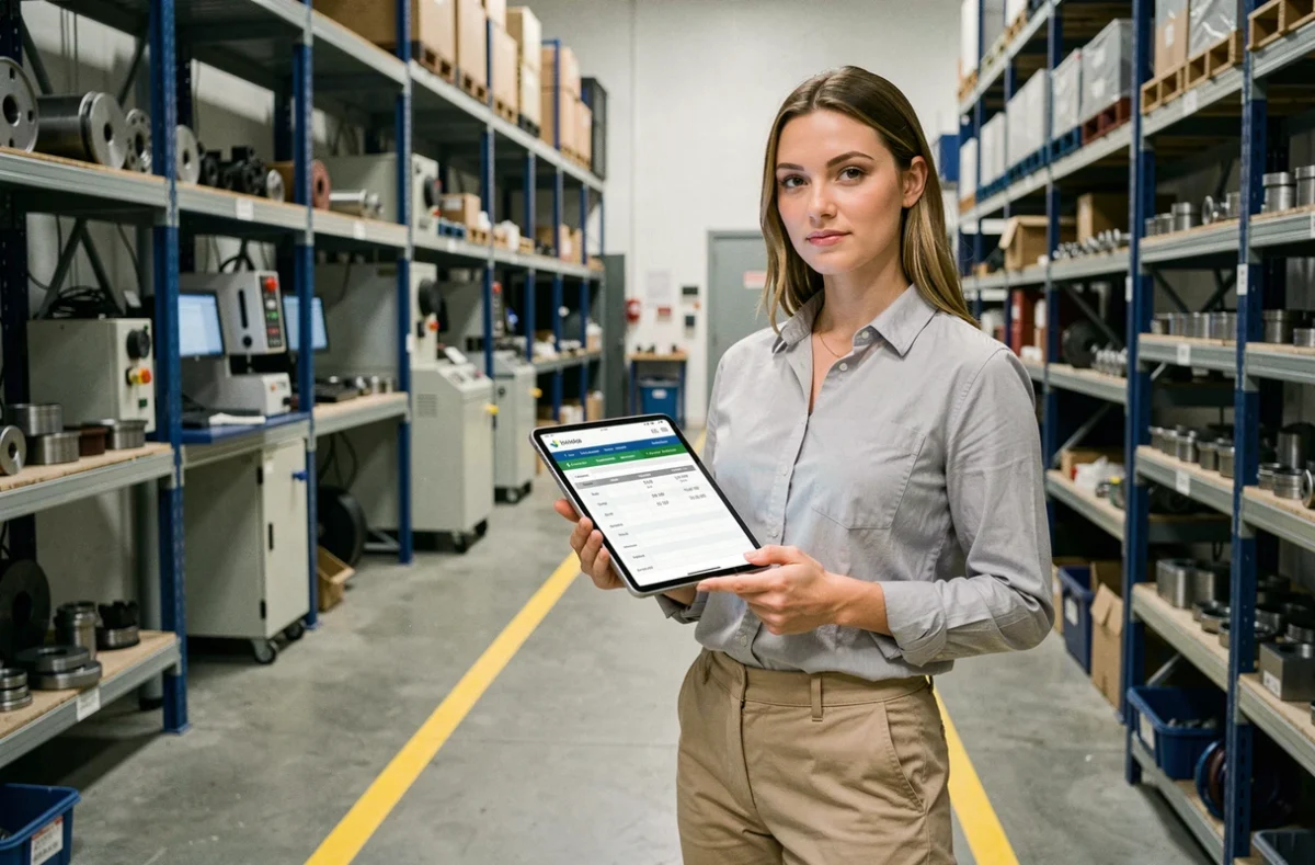 Jeune technicienne consultant une progression de carrière sur tablette dans un atelier industriel