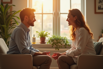 Thérapeute souriante avec un client dans un bureau lumineux