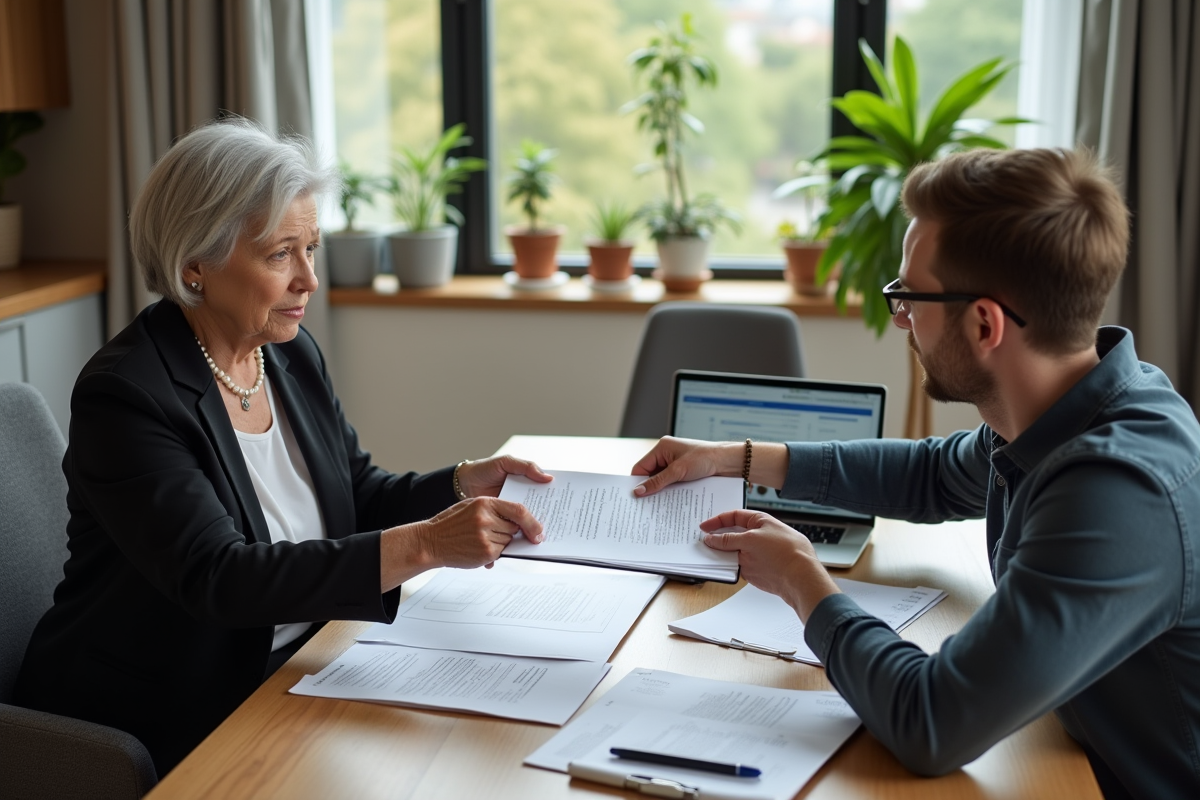 Femme sérieuse remettant des papiers à un jeune homme à la maison