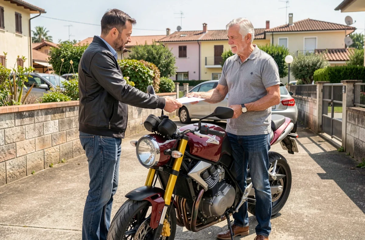 Deux hommes finalisant la transaction d'une moto italienne d'occasion lors d'une vente entre particuliers dans une allée résidentielle