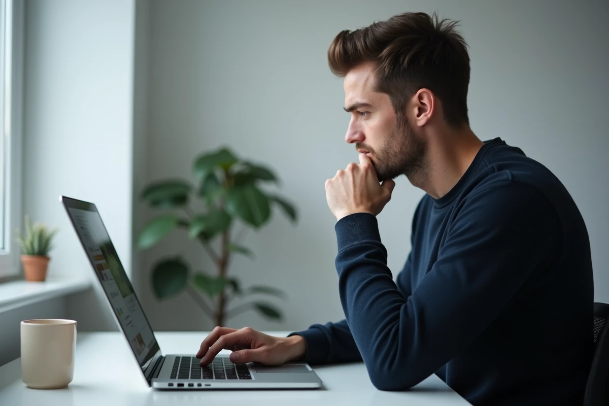 Homme utilisant un service de visualisation anonyme de stories Instagram depuis son bureau à domicile