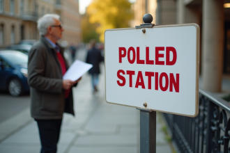 Votant tenant un document officiel devant un panneau de bureau de vote
