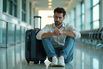 Voyageur frustré assis sur le sol de l'aéroport avec sa valise