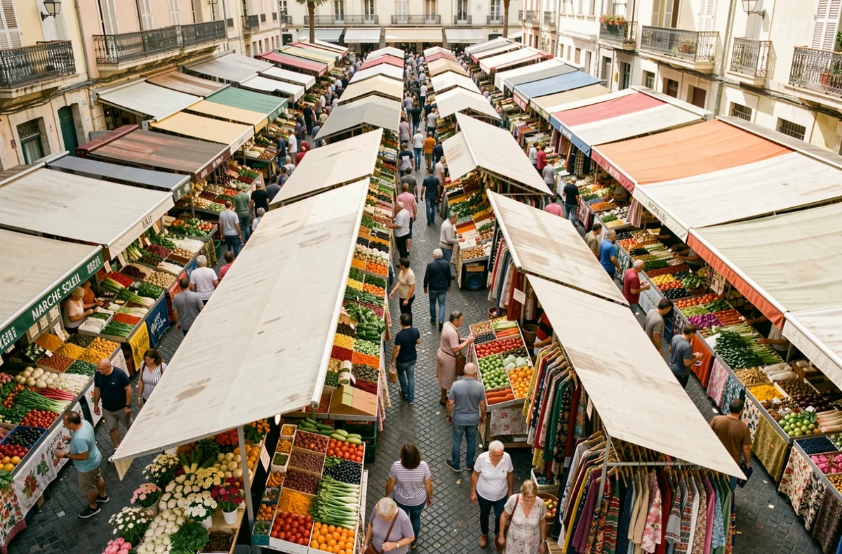 Vue aérienne animée du marché Soleil de Marseille un matin de week-end avec étals et visiteurs