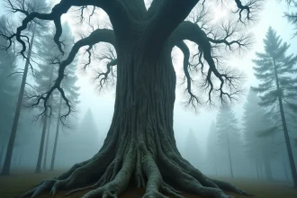Arbre colossal aux racines noueuses dans une forêt nordique brumeuse évoquant Yggdrasil, l'arbre sacré de la mythologie viking