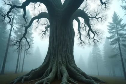 Arbre colossal aux racines noueuses dans une forêt nordique brumeuse évoquant Yggdrasil, l'arbre sacré de la mythologie viking