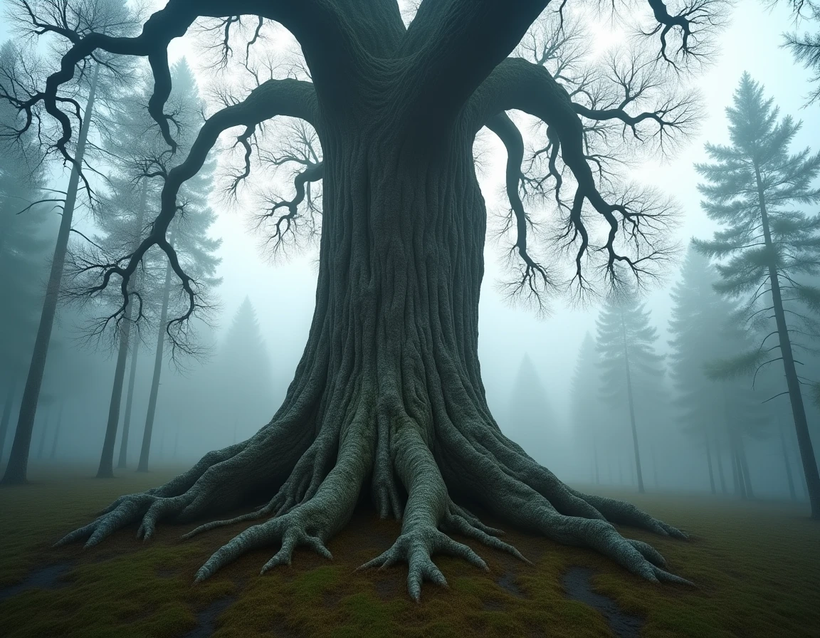 Arbre colossal aux racines noueuses dans une forêt nordique brumeuse évoquant Yggdrasil, l'arbre sacré de la mythologie viking